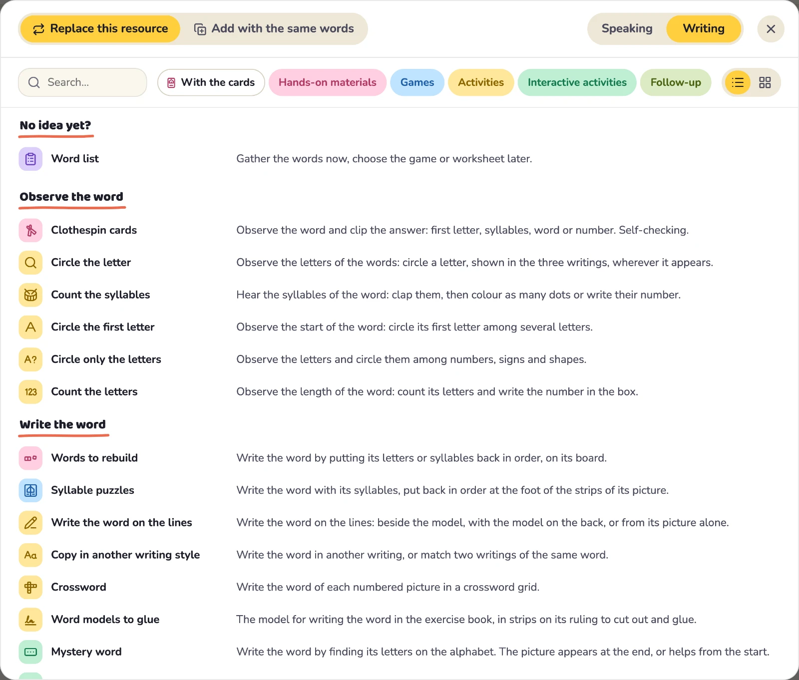 The “Writing” tab of “Create a resource”.