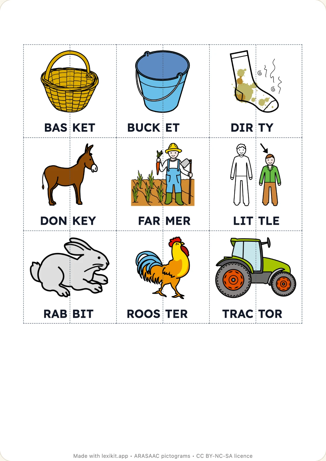 A page of syllable puzzles, one strip per syllable.