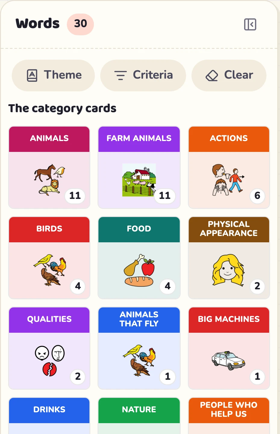The category cards of the farm, in the left column.