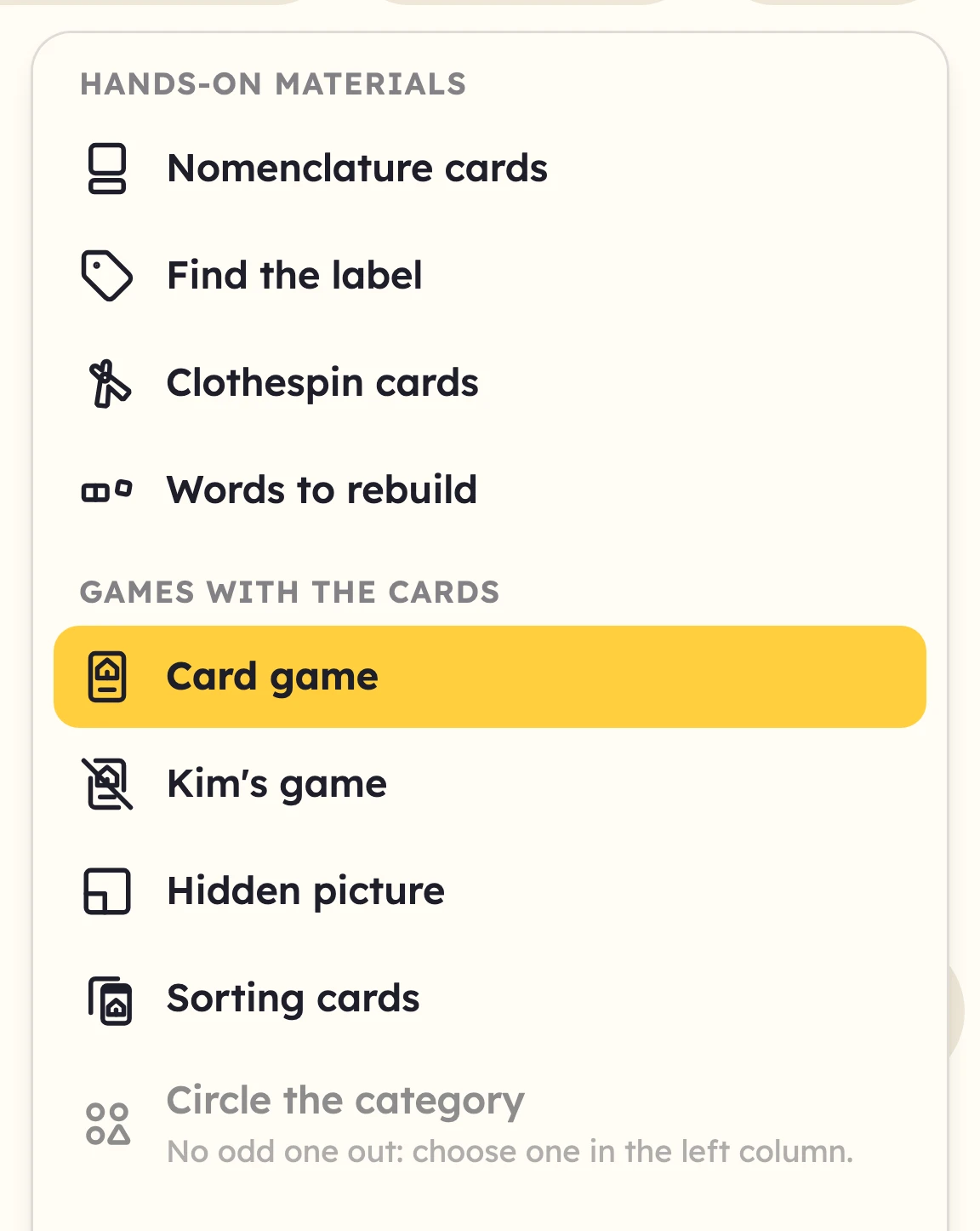 The games with the cards, grouped in the activities menu.
