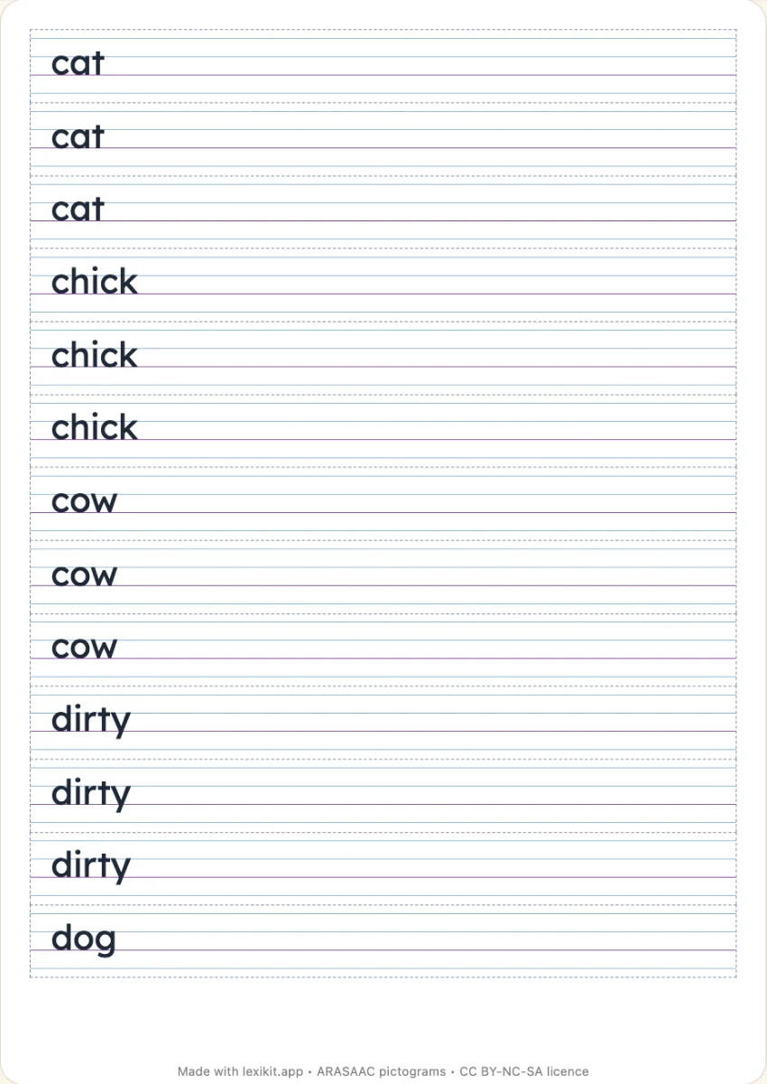 Handwriting models to glue in the exercise book