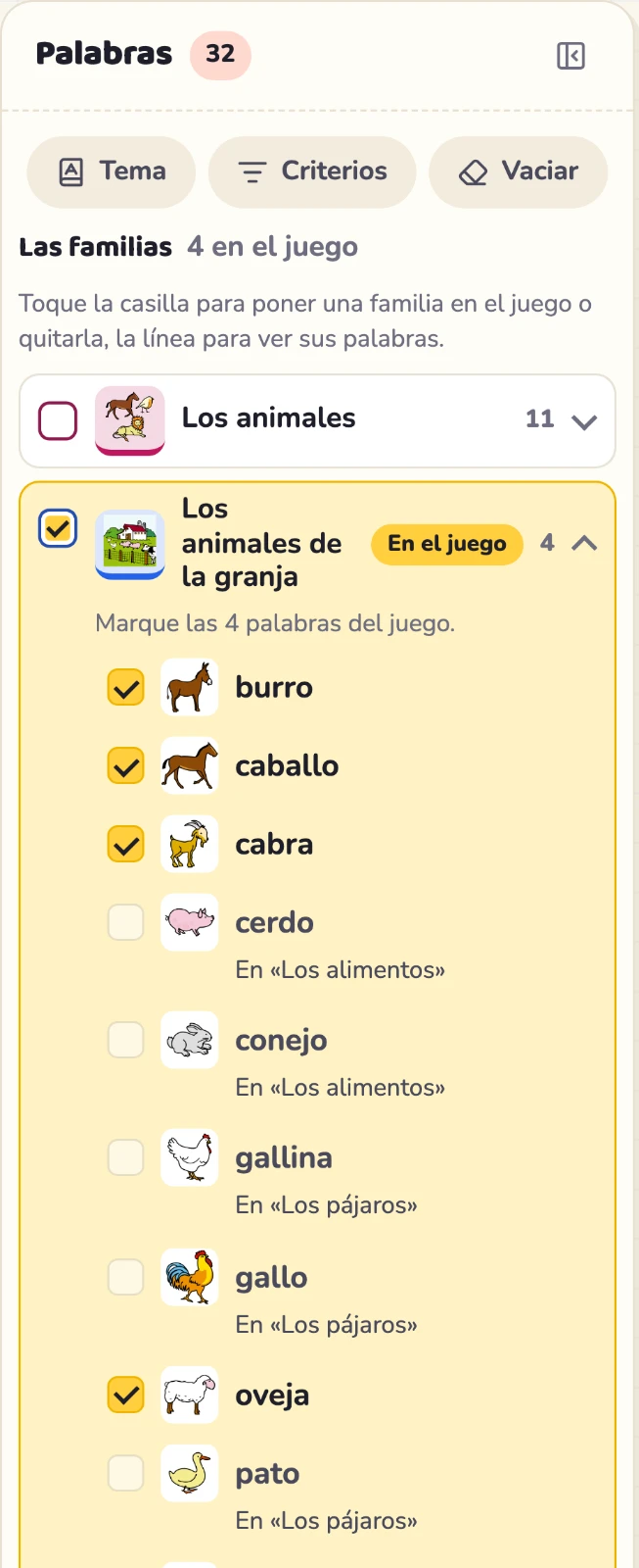 Una familia desplegada sobre sus palabras, en la columna de la izquierda.
