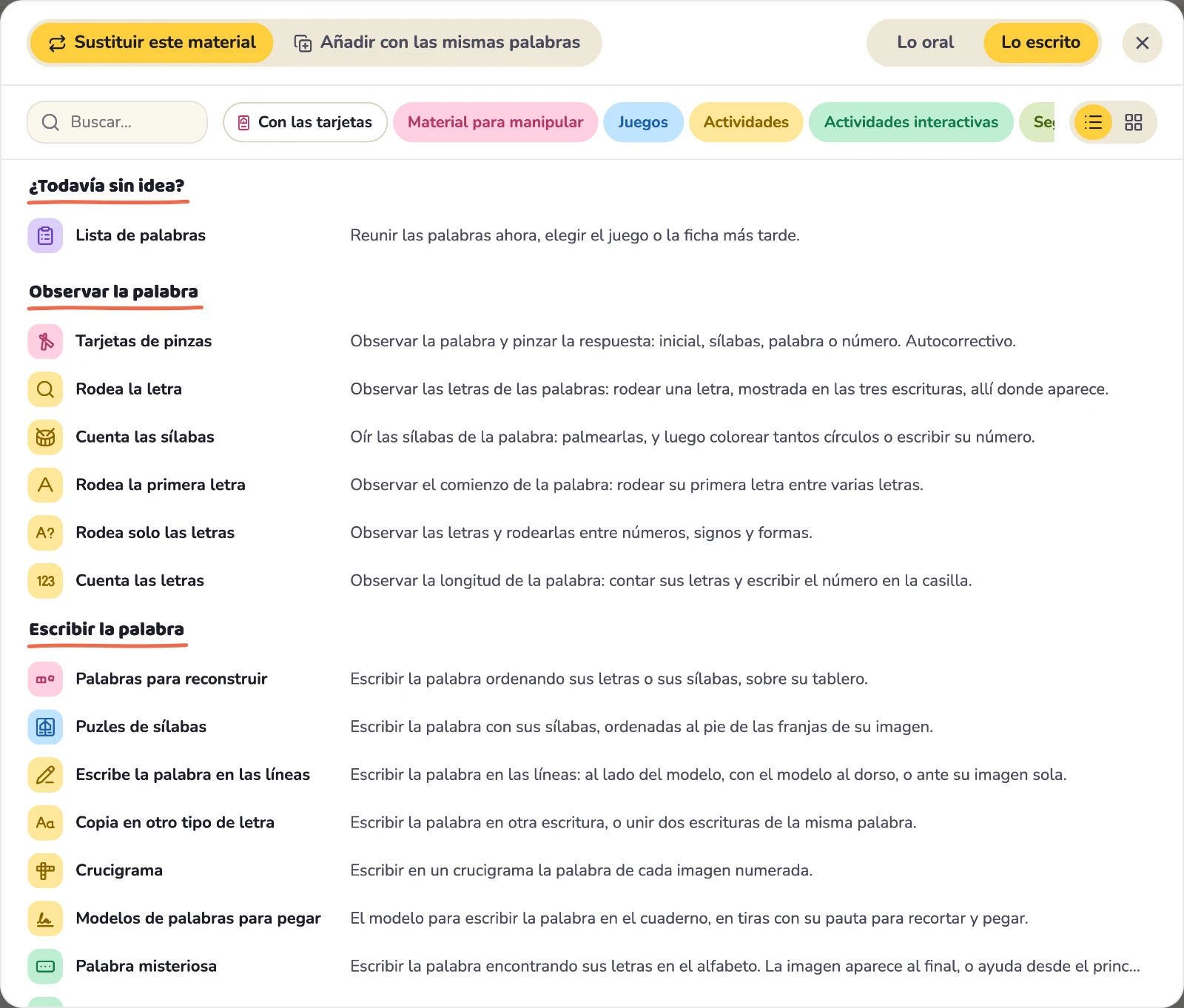 La pestaña «Lo escrito» de «Crear un material».