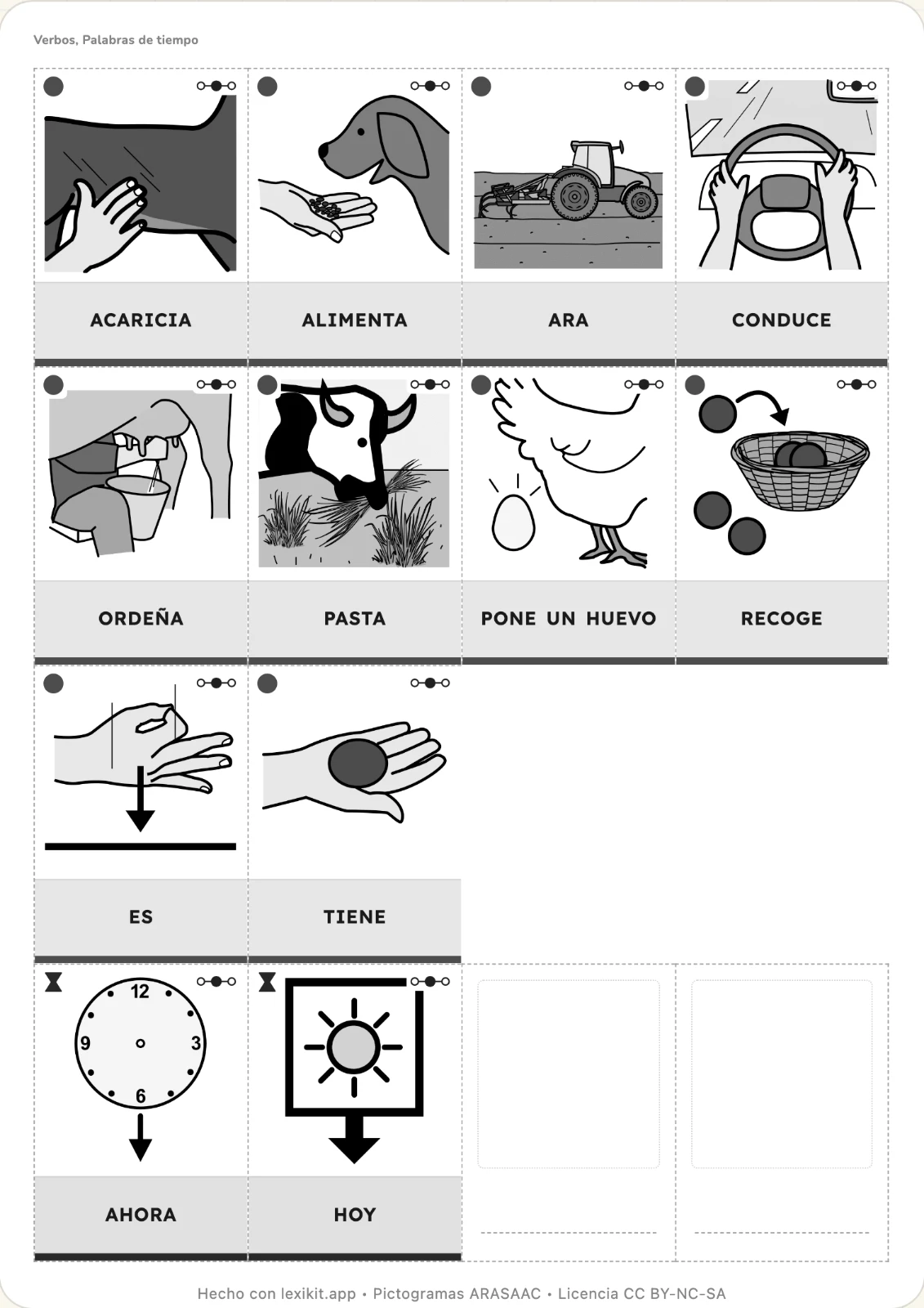 En blanco y negro, un círculo para los verbos, un reloj de arena para las palabras de tiempo.