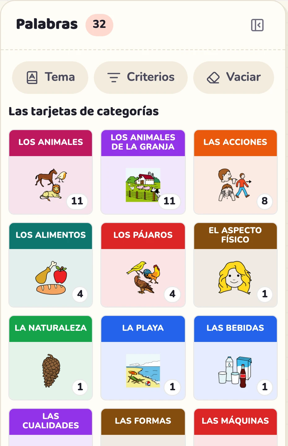 Las tarjetas de las categorías de la granja, en la columna de la izquierda.