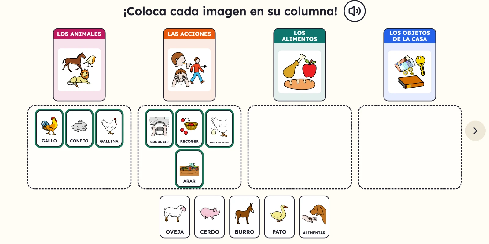 En pantalla, las tarjetas de la granja colocadas bajo cuatro categorías.