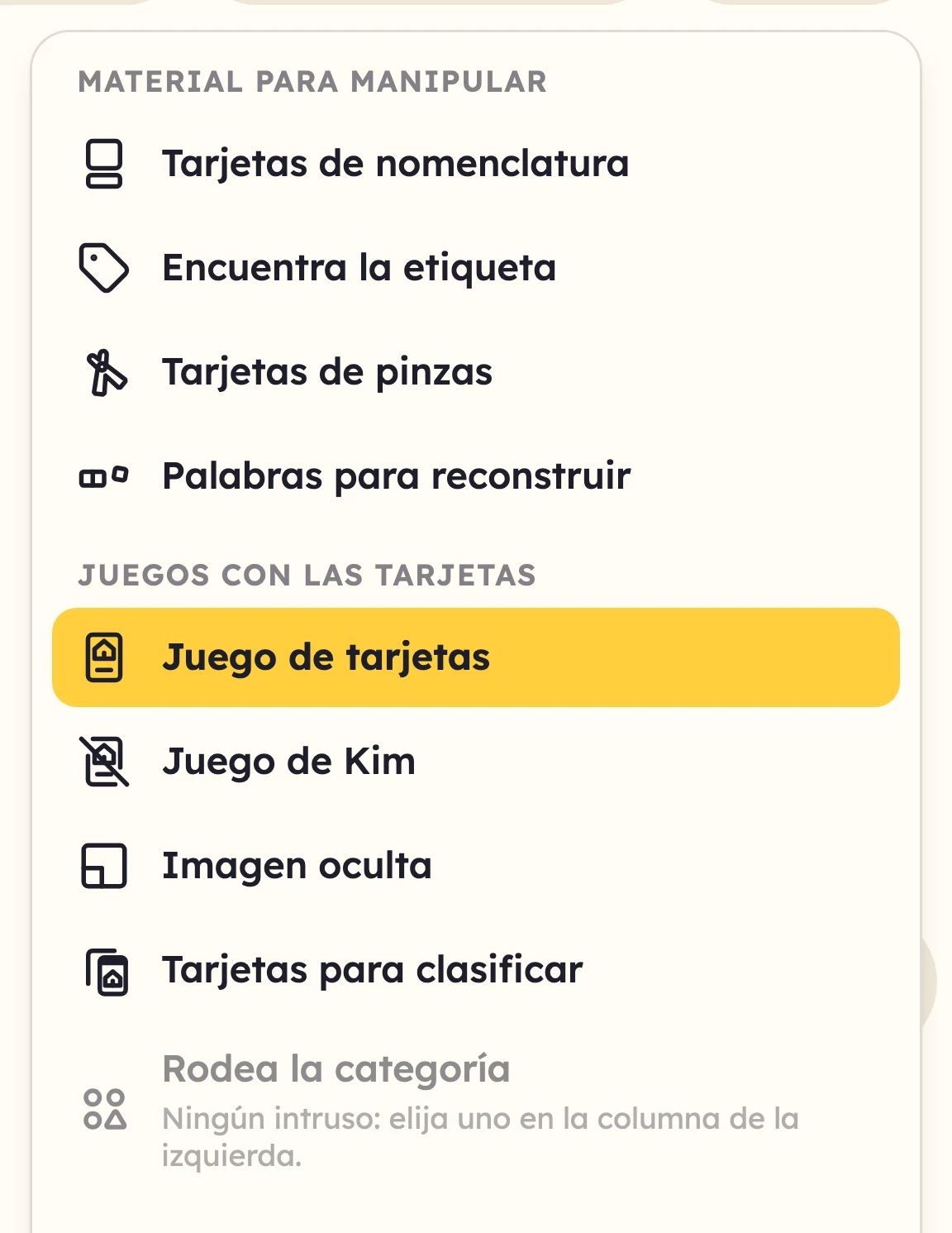 Los juegos con las tarjetas, agrupados en el menú de actividades.