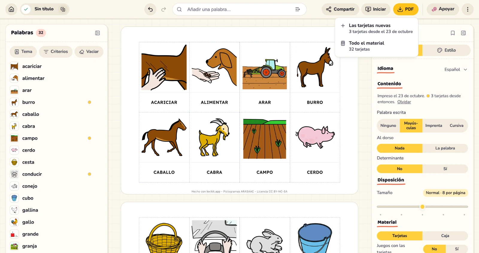 El botón «PDF» propone las tarjetas nuevas o todo el material.