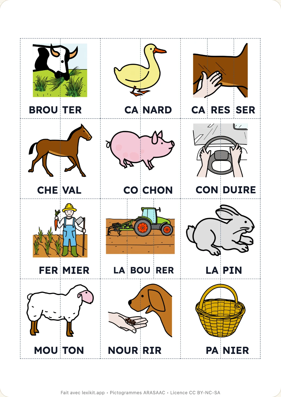 Une page de puzzles de syllabes, une bande par syllabe.