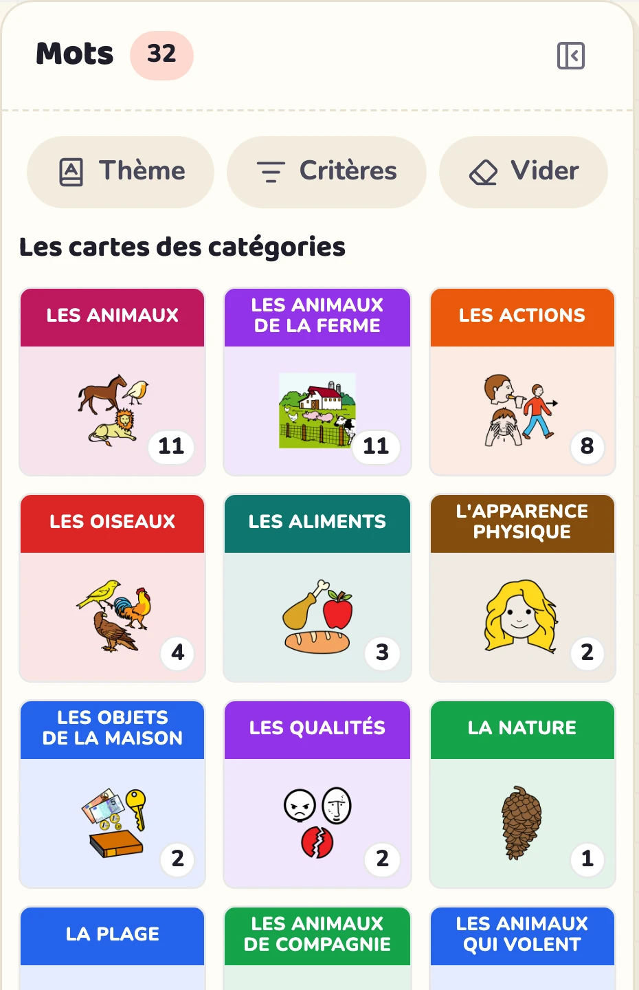 Les cartes des catégories de la ferme, dans la colonne de gauche.