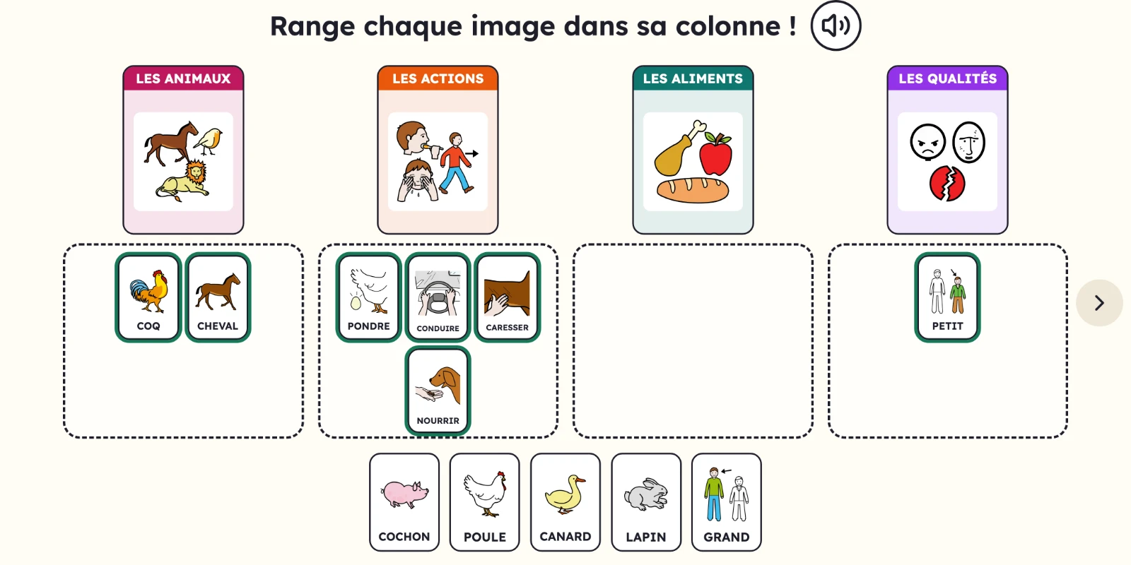 À l'écran, les cartes de la ferme rangées sous quatre catégories.