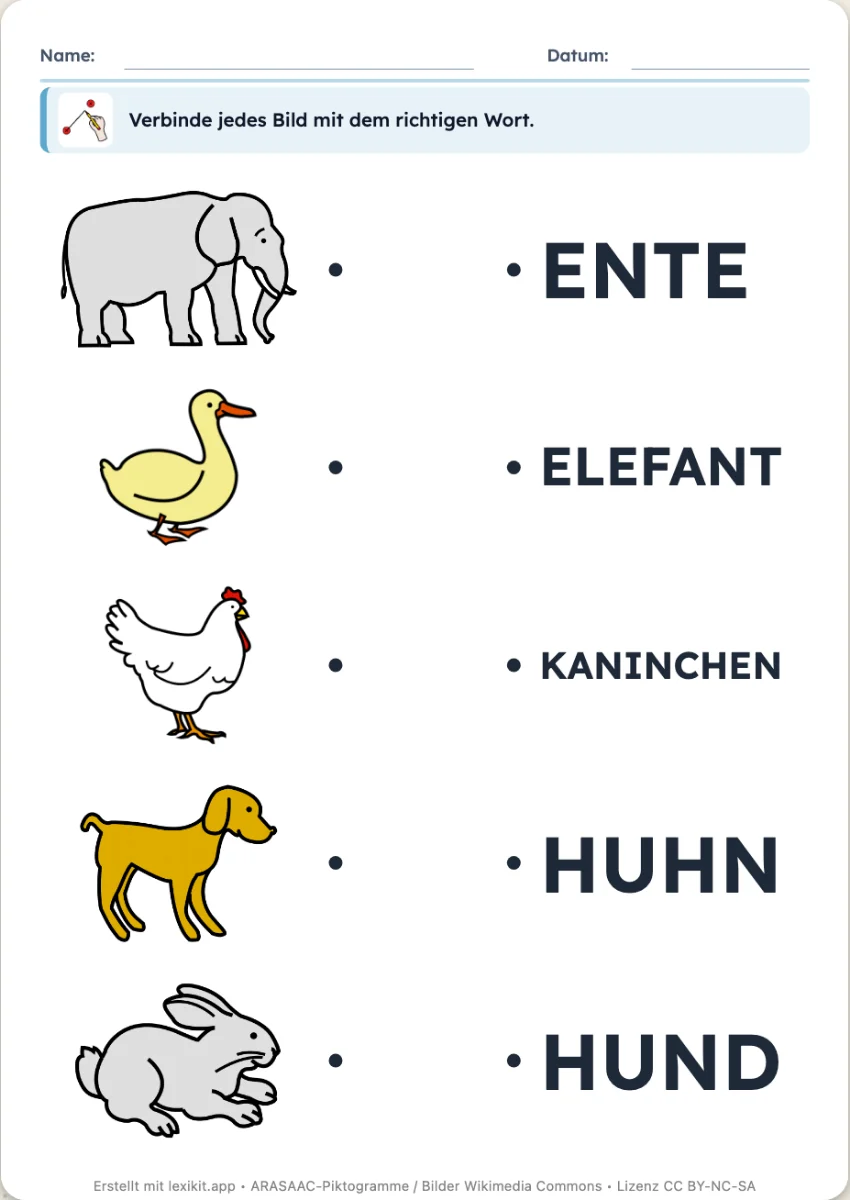 Arbeitsblatt, auf dem Bilder mit ihren Wörtern zu verbinden sind