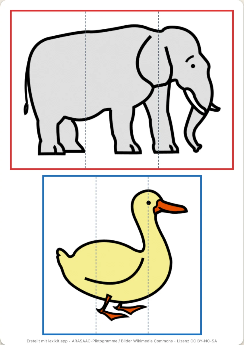Puzzle eines Tierbildes mit gestrichelten Schnittlinien