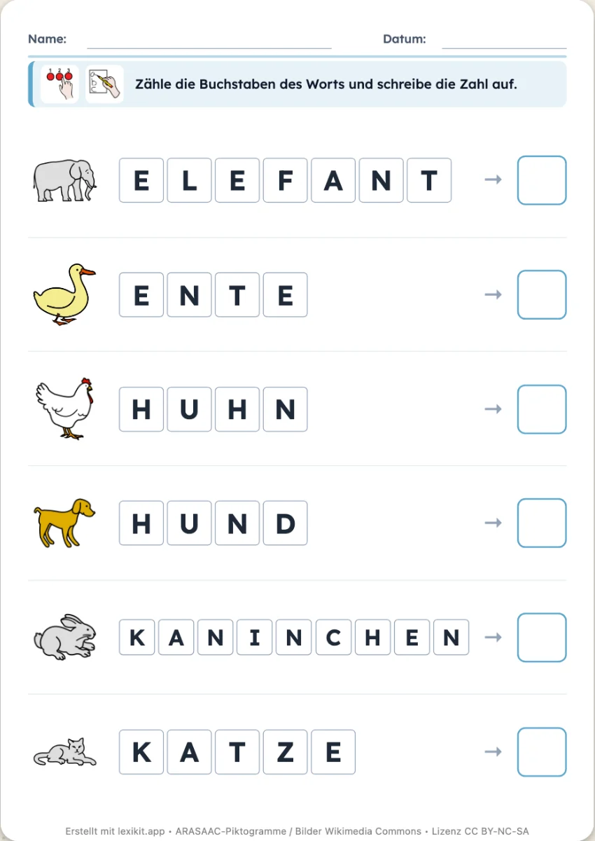 Arbeitsblatt, auf dem die Buchstaben jedes Wortes gezählt werden