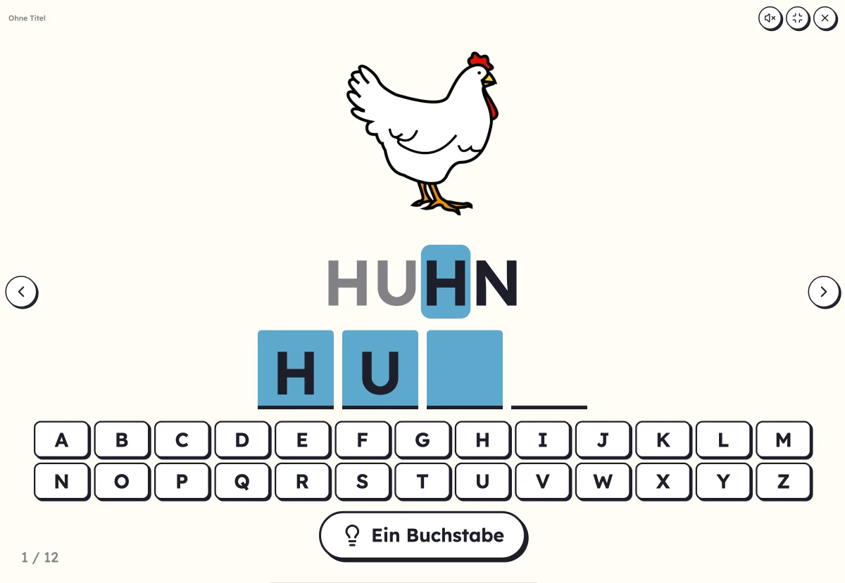 Buchstabentastatur am Bildschirm: ein Wort, das mit den Buchstaben des Alphabets zu schreiben ist