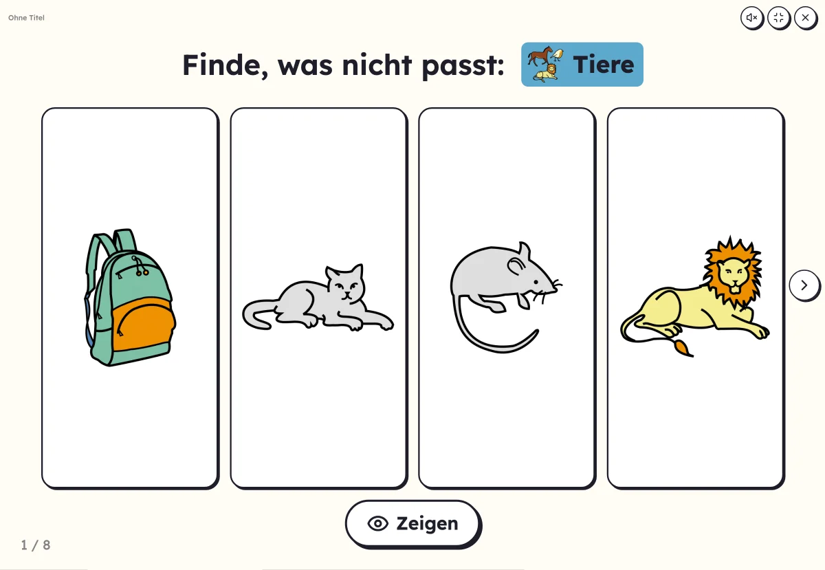 Was passt nicht? am Bildschirm: vier Bilder, drei Tiere und ein Obst