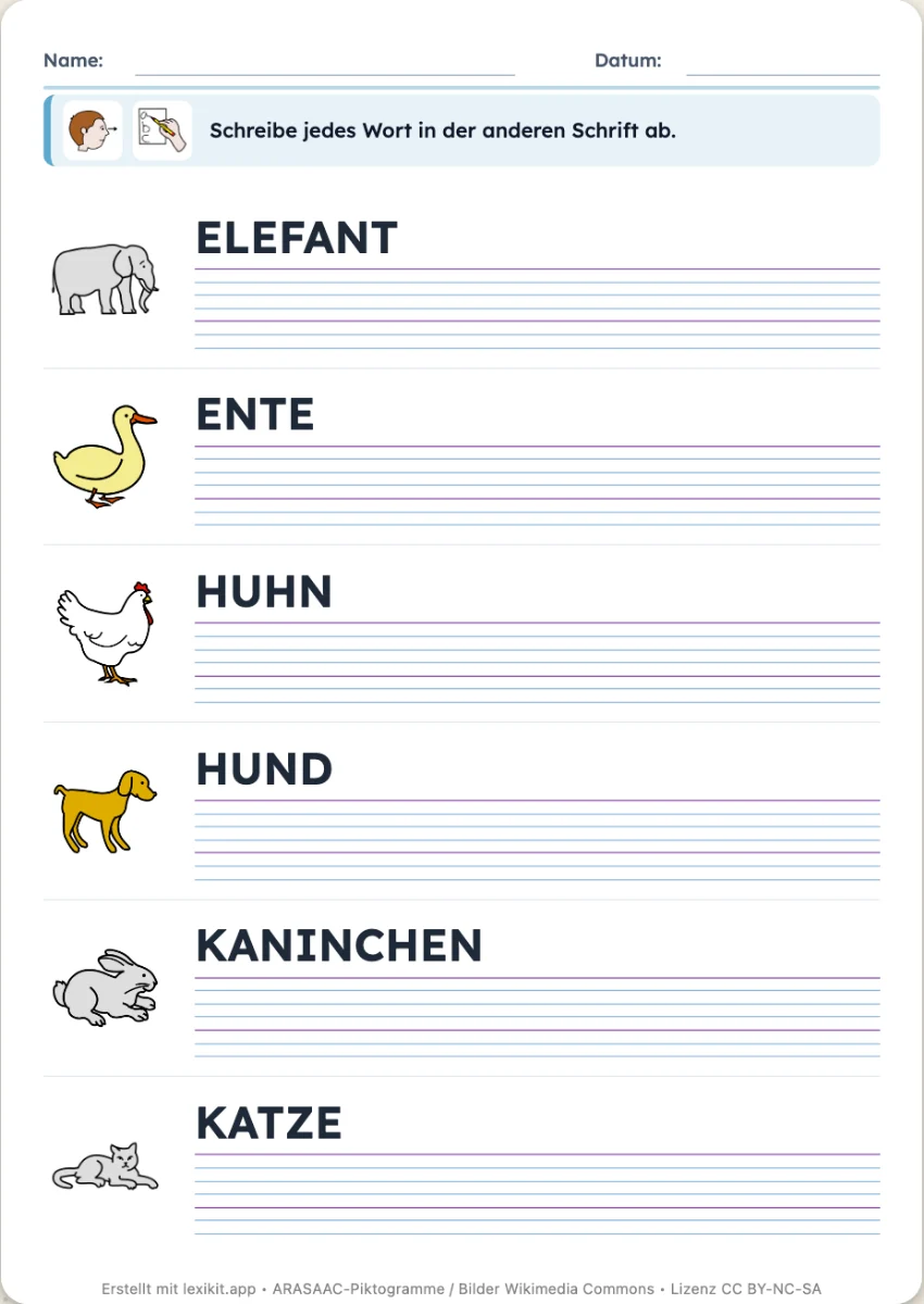 Arbeitsblatt, auf dem Wörter in Großbuchstaben in Druckschrift abzuschreiben sind