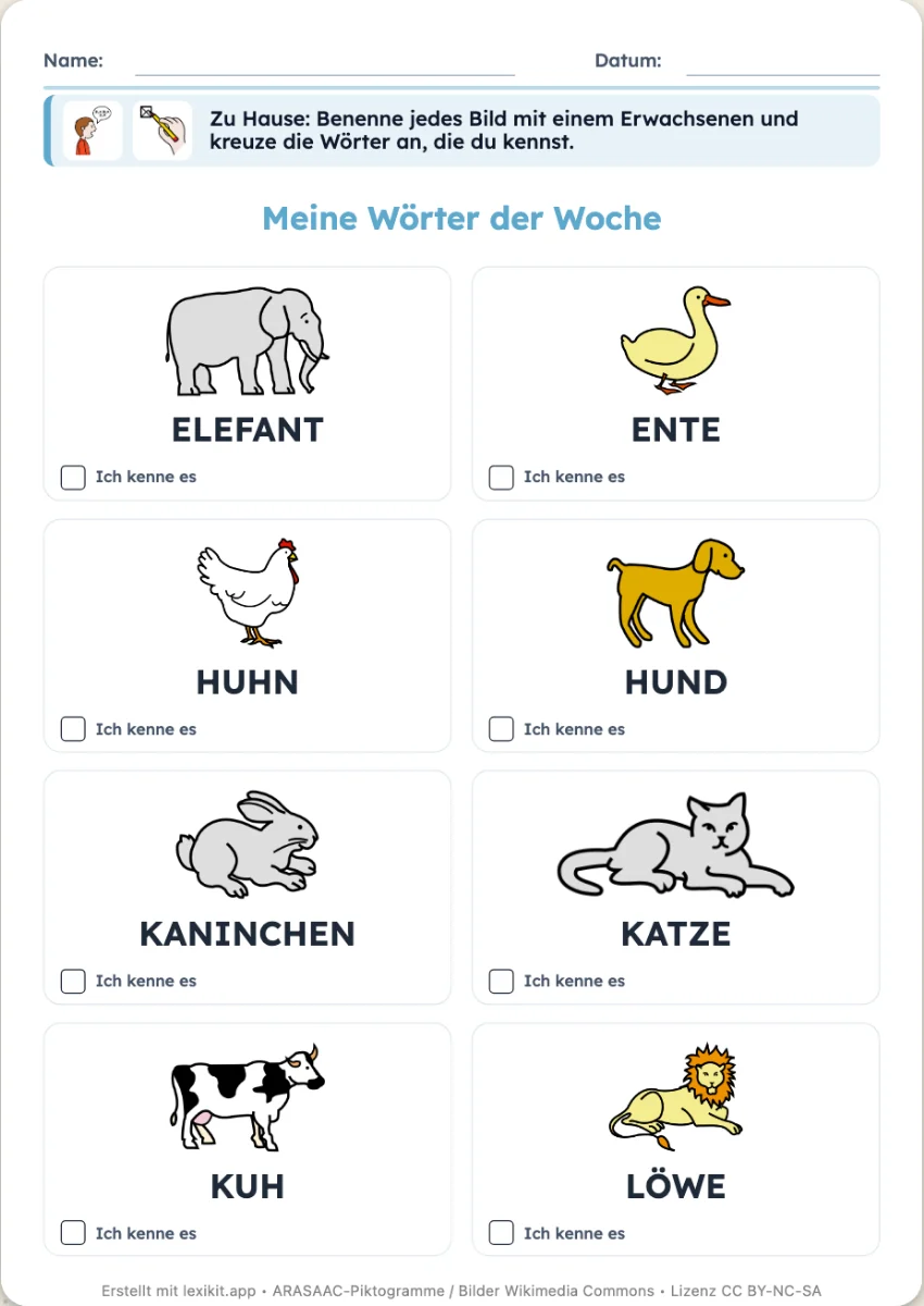 Seite „Meine Wörter der Woche“ mit Bildern, Wörtern und Kästchen zum Ankreuzen
