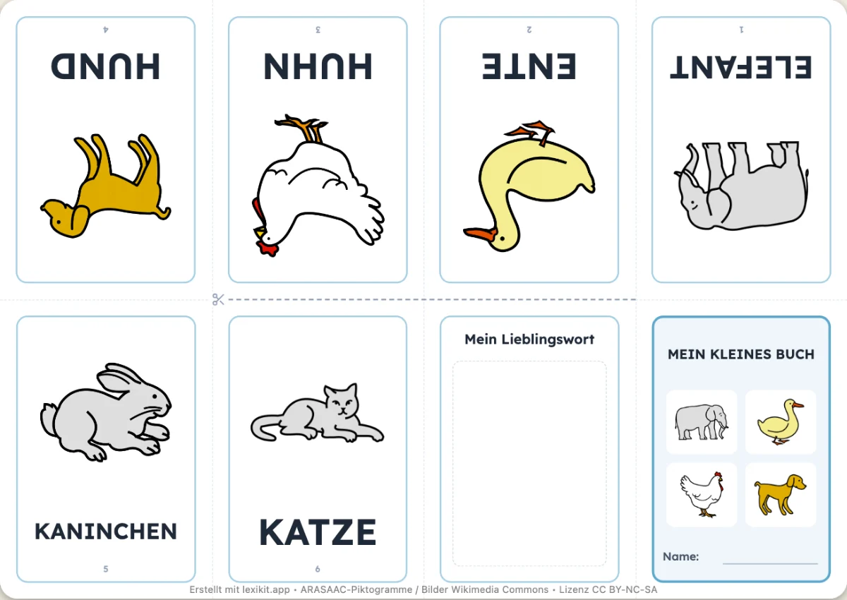 A4-Blatt eines Minibuchs mit 8 Seiten und Tierbildern