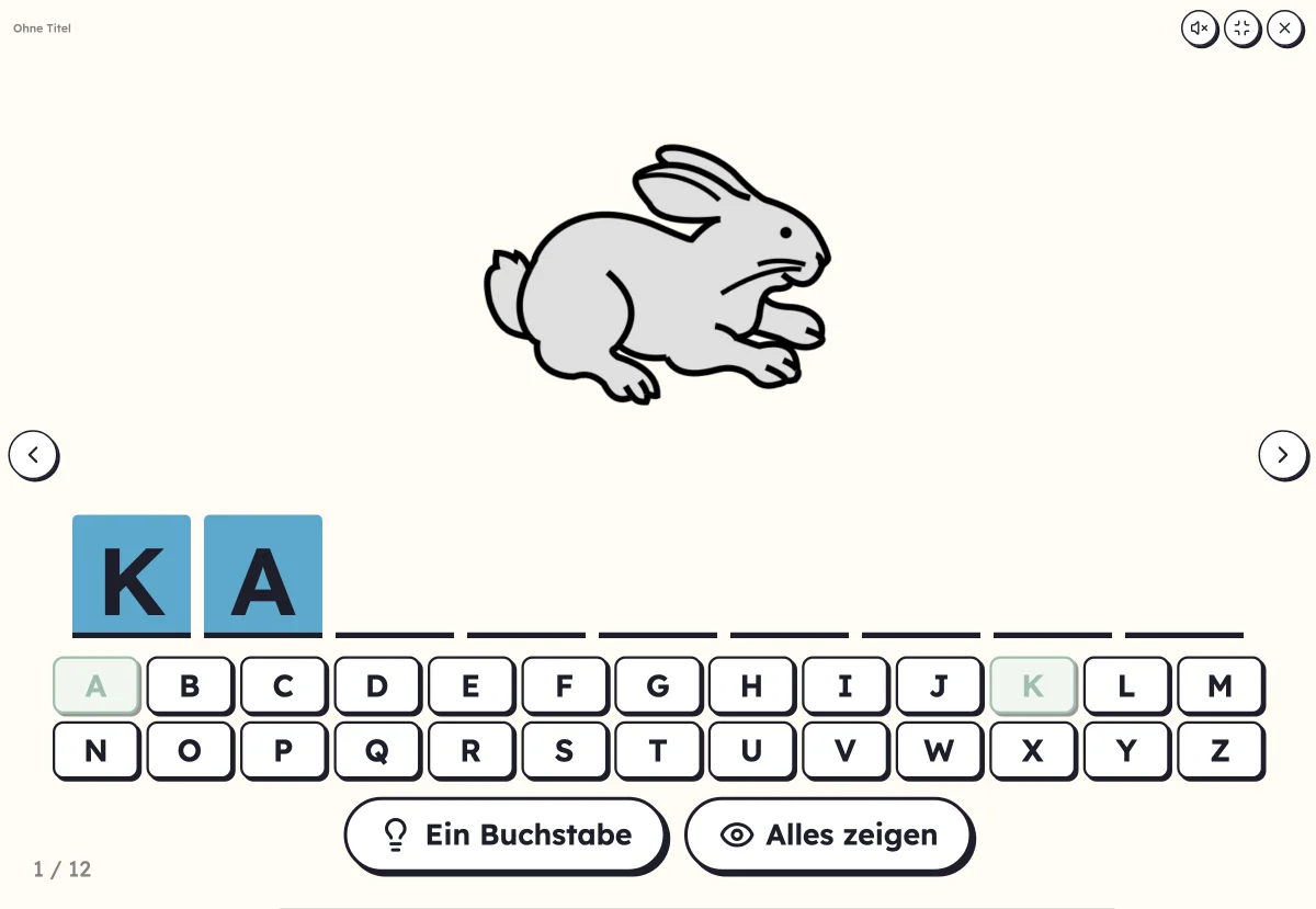 Rätselwort am Bildschirm: die Kästchen eines Wortes zum Ausfüllen, das Alphabet und das Bild eines Tieres
