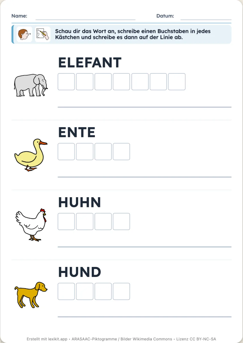 Schreibübung mit Bildern, Musterwörtern und Linien zum Schreiben