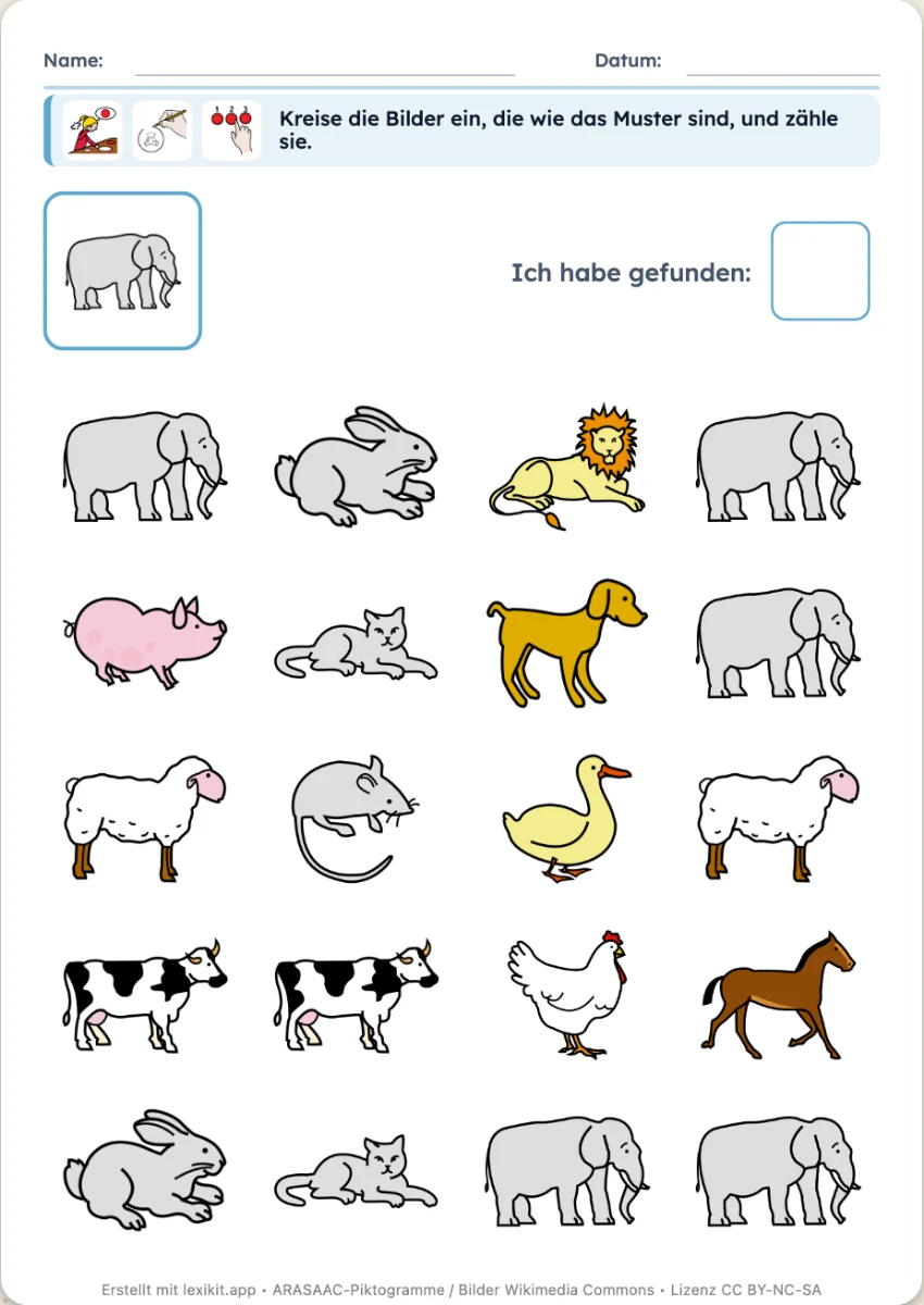 Bilderraster, in dem ein Musterbild zu finden und einzukreisen ist