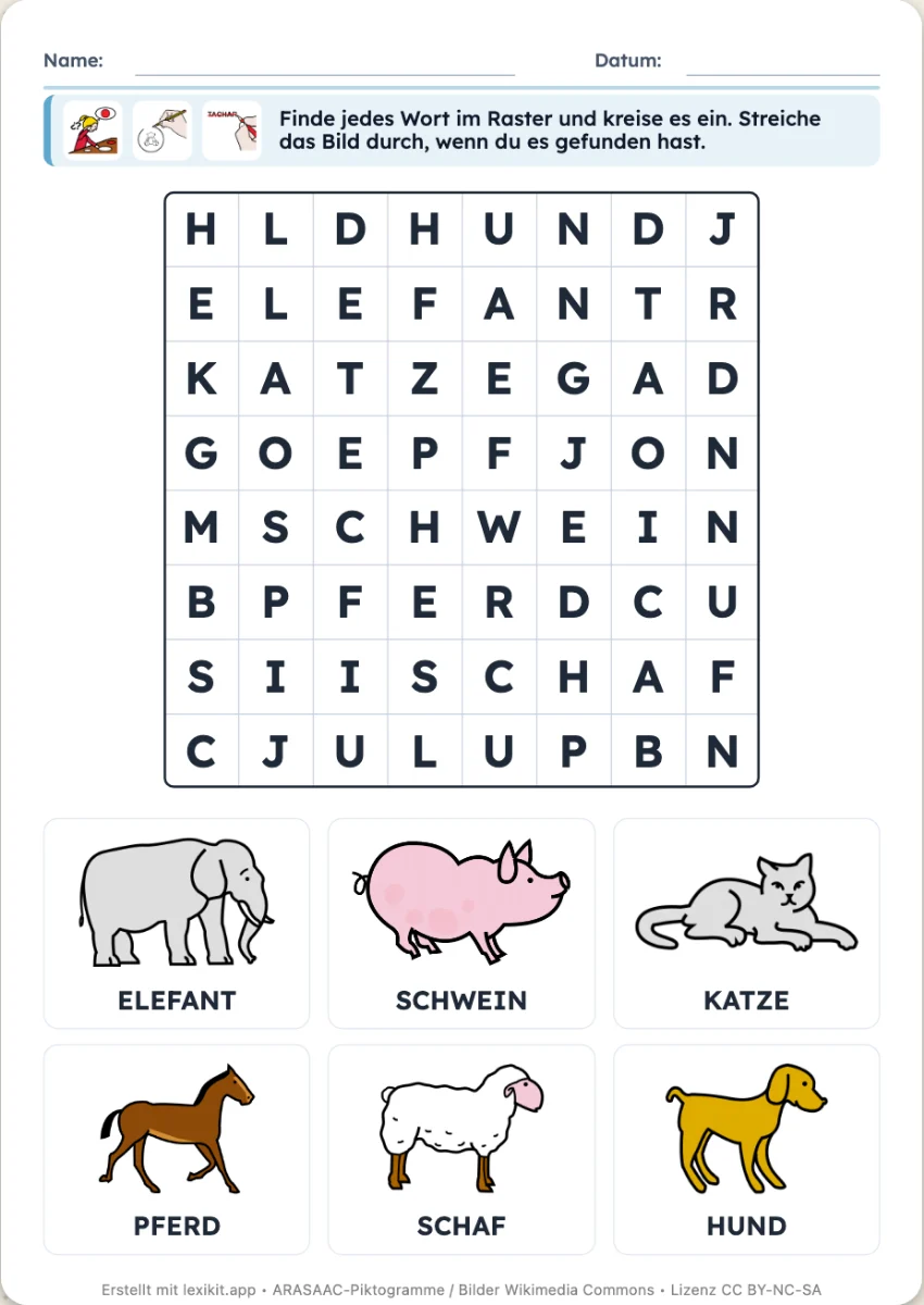 Suchsel-Raster mit der bebilderten Wortliste
