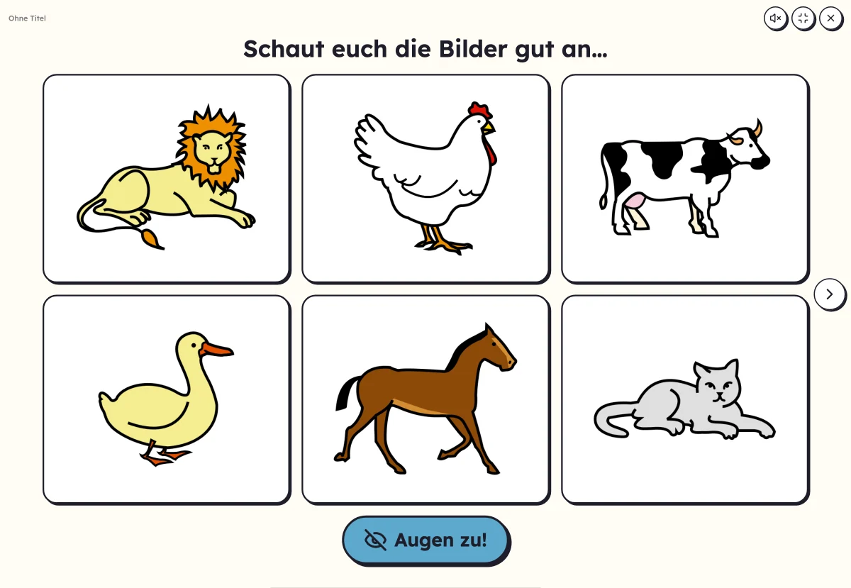 Was fehlt? am Bildschirm: sechs Tierbilder zum Merken