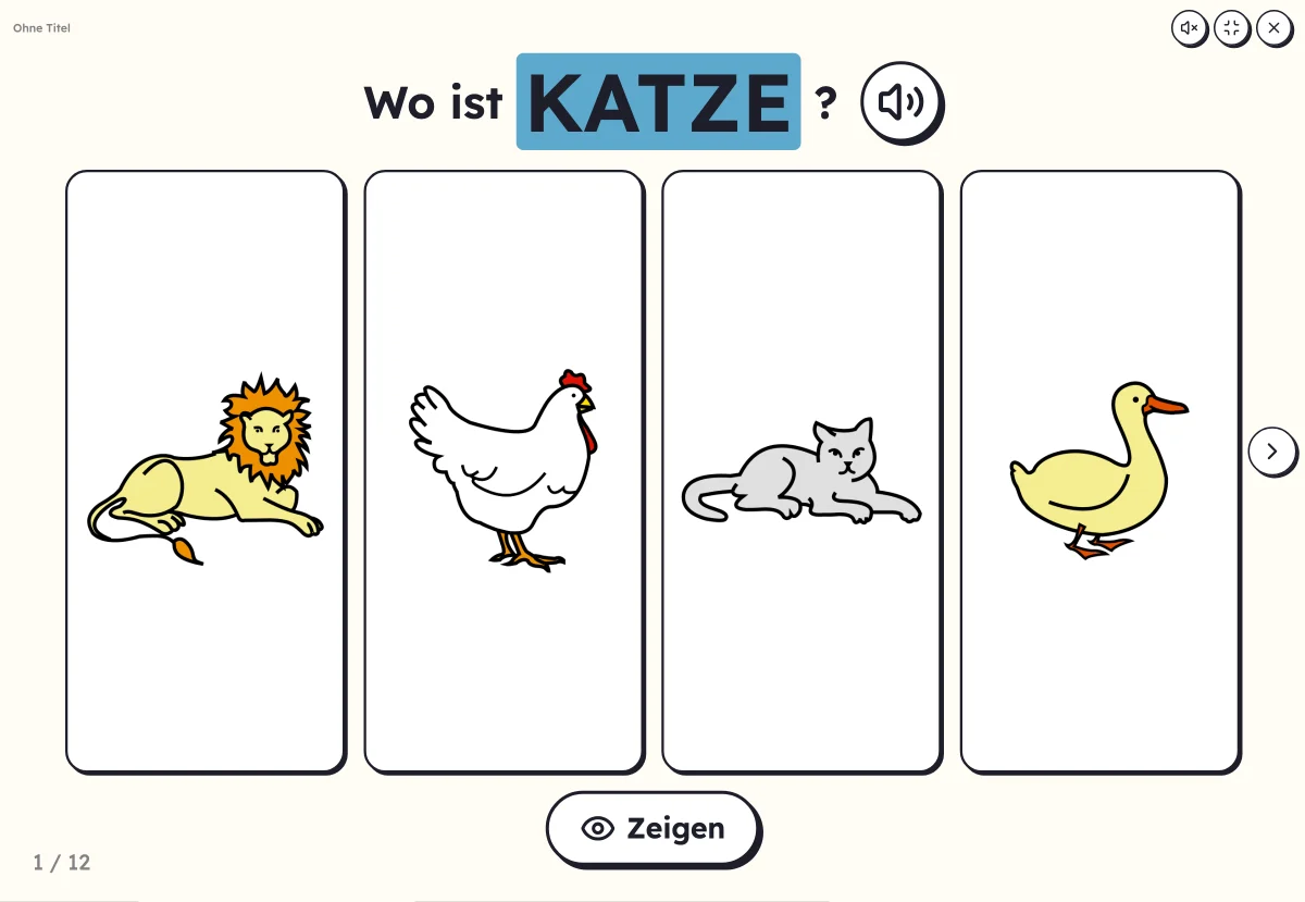 Wo ist…? am Bildschirm: vier Tierbilder und das gesuchte Wort