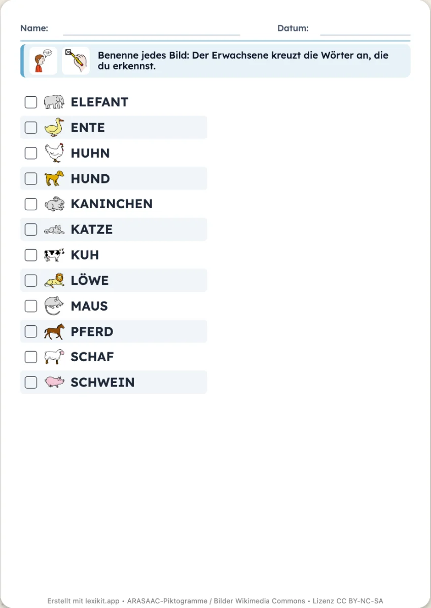Bewertungsraster mit einem Wort und Kästchen zum Ankreuzen pro Zeile
