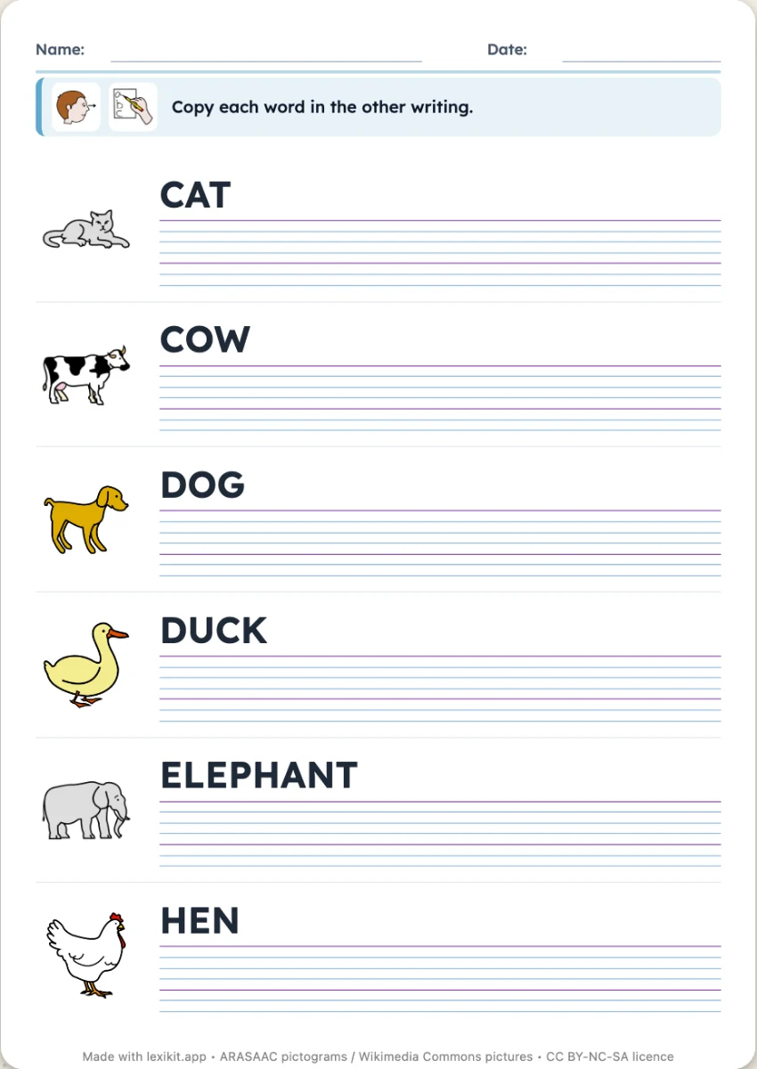 Worksheet where words in capitals are to be copied in print