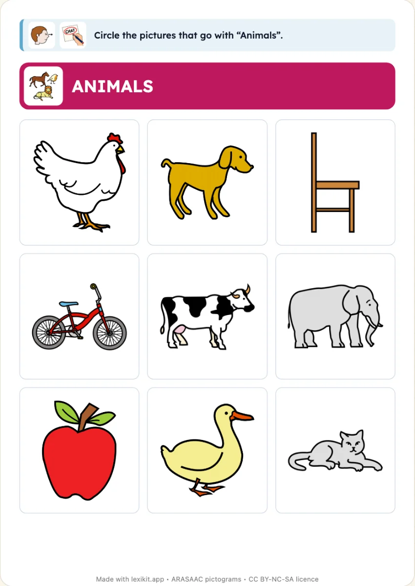 Worksheet where the pictures of a category are to be circled among others