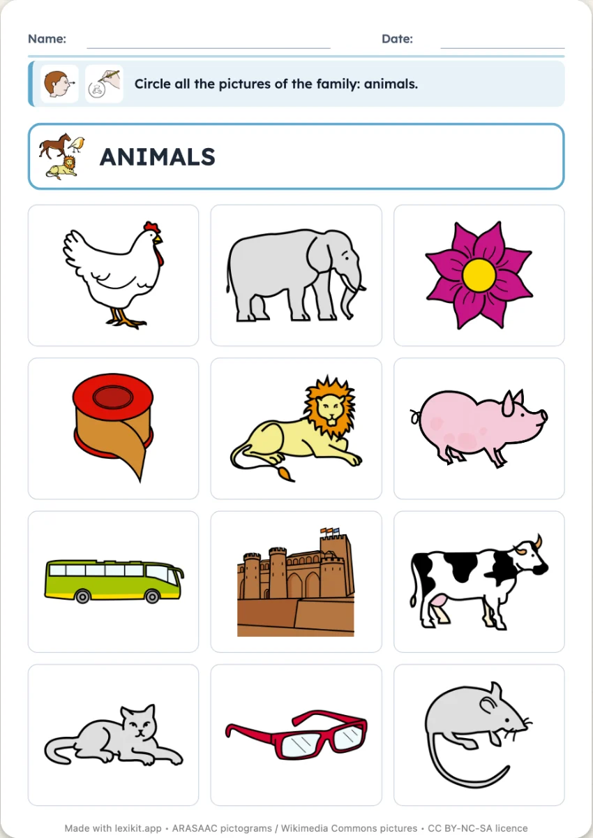 Worksheet where every picture of a family is to be circled in a grid