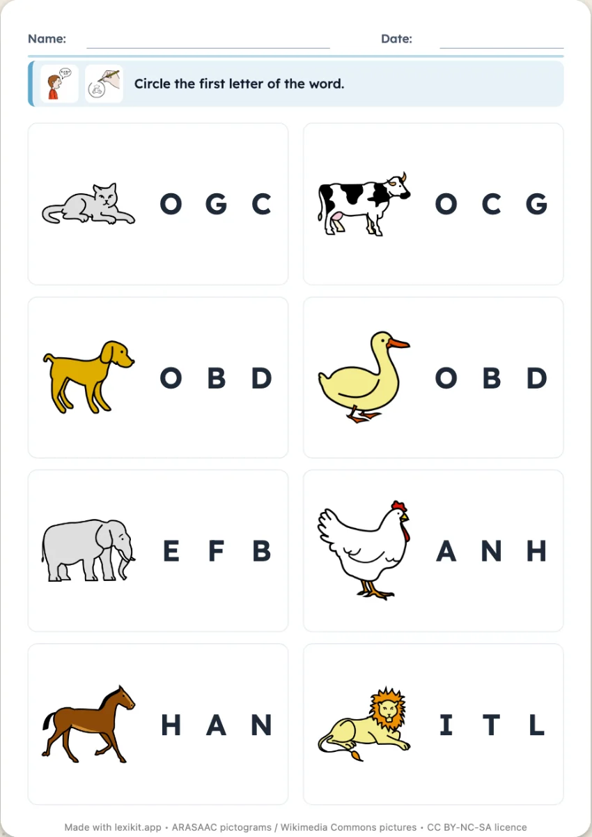 Worksheet where the first letter of each word is to be circled