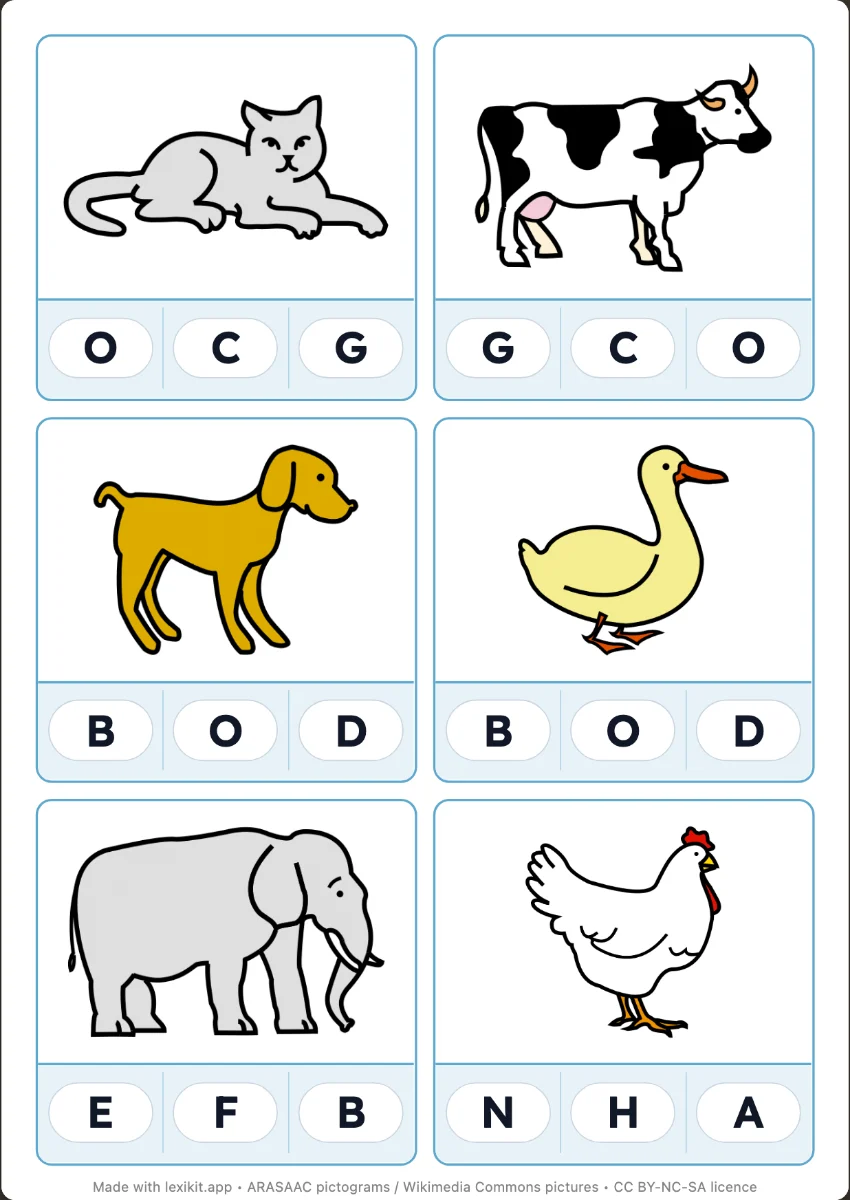 Clip cards with a picture and three suggested answers