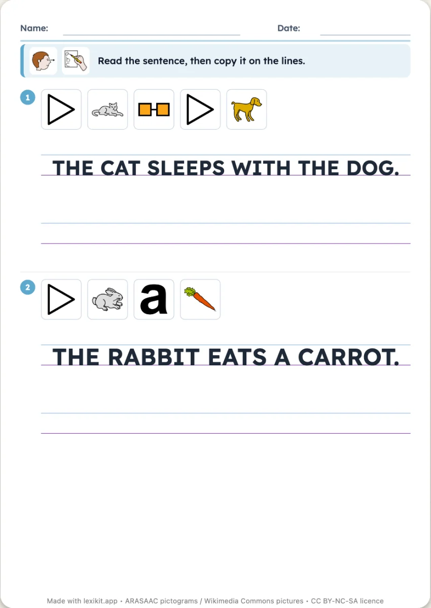 Handwriting worksheet: a model sentence on ruled lines and the lines to copy it