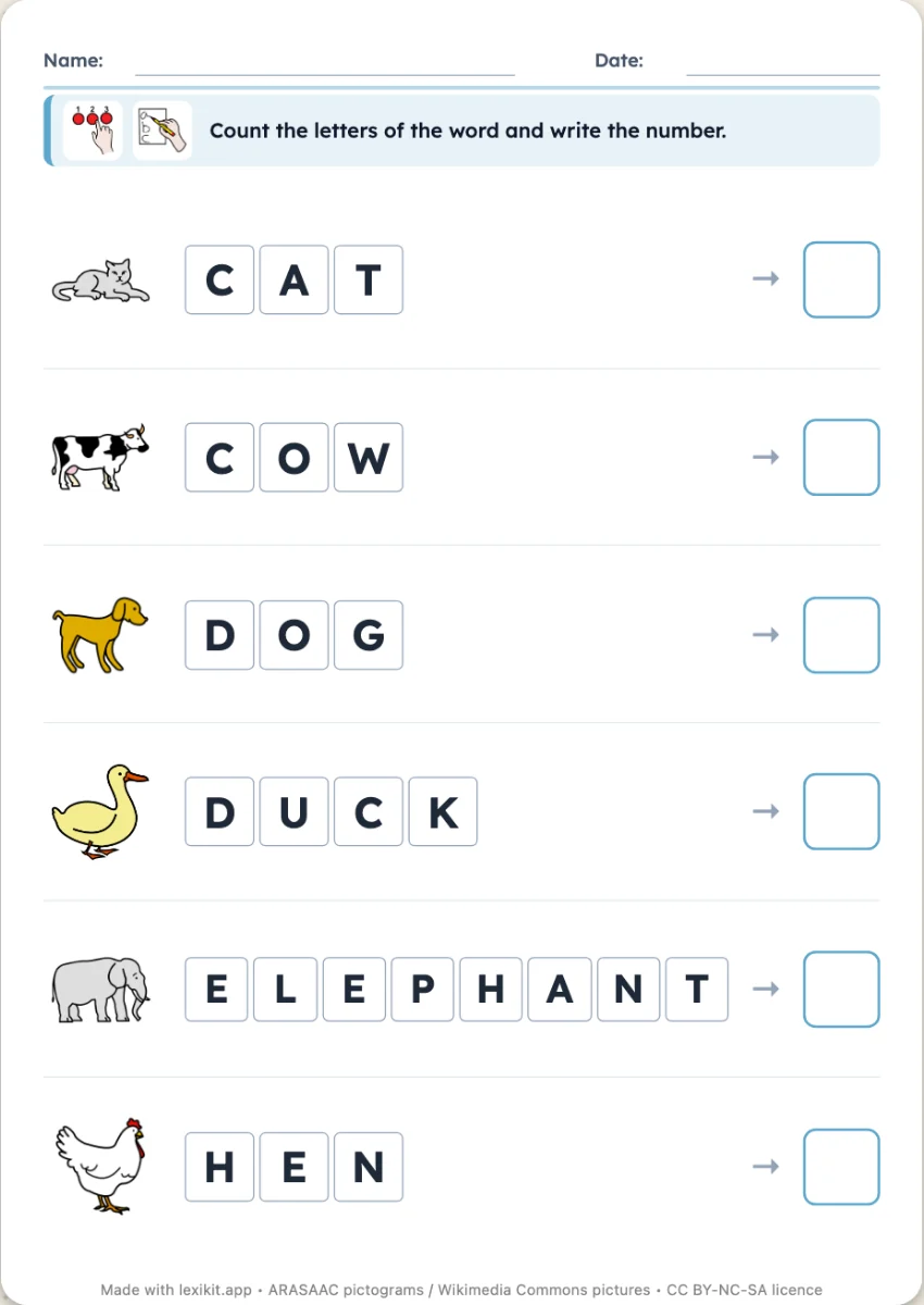 Worksheet where the letters of each word are counted