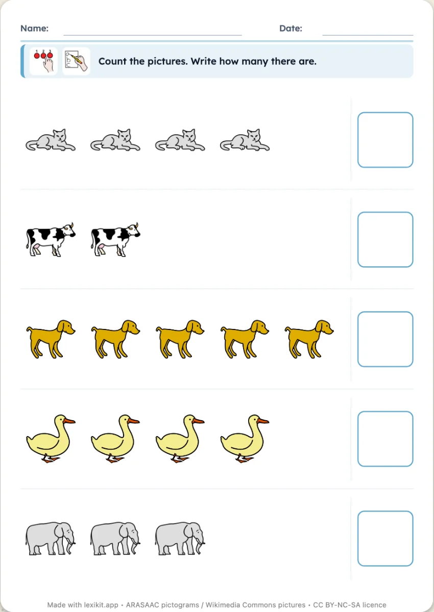 Worksheet where repeated pictures are counted on each row
