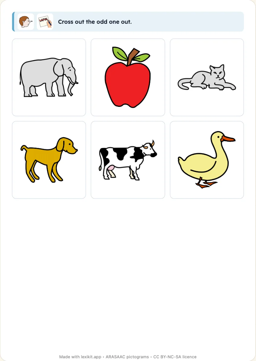 Worksheet with a grid of pictures where the odd one out is to be crossed out