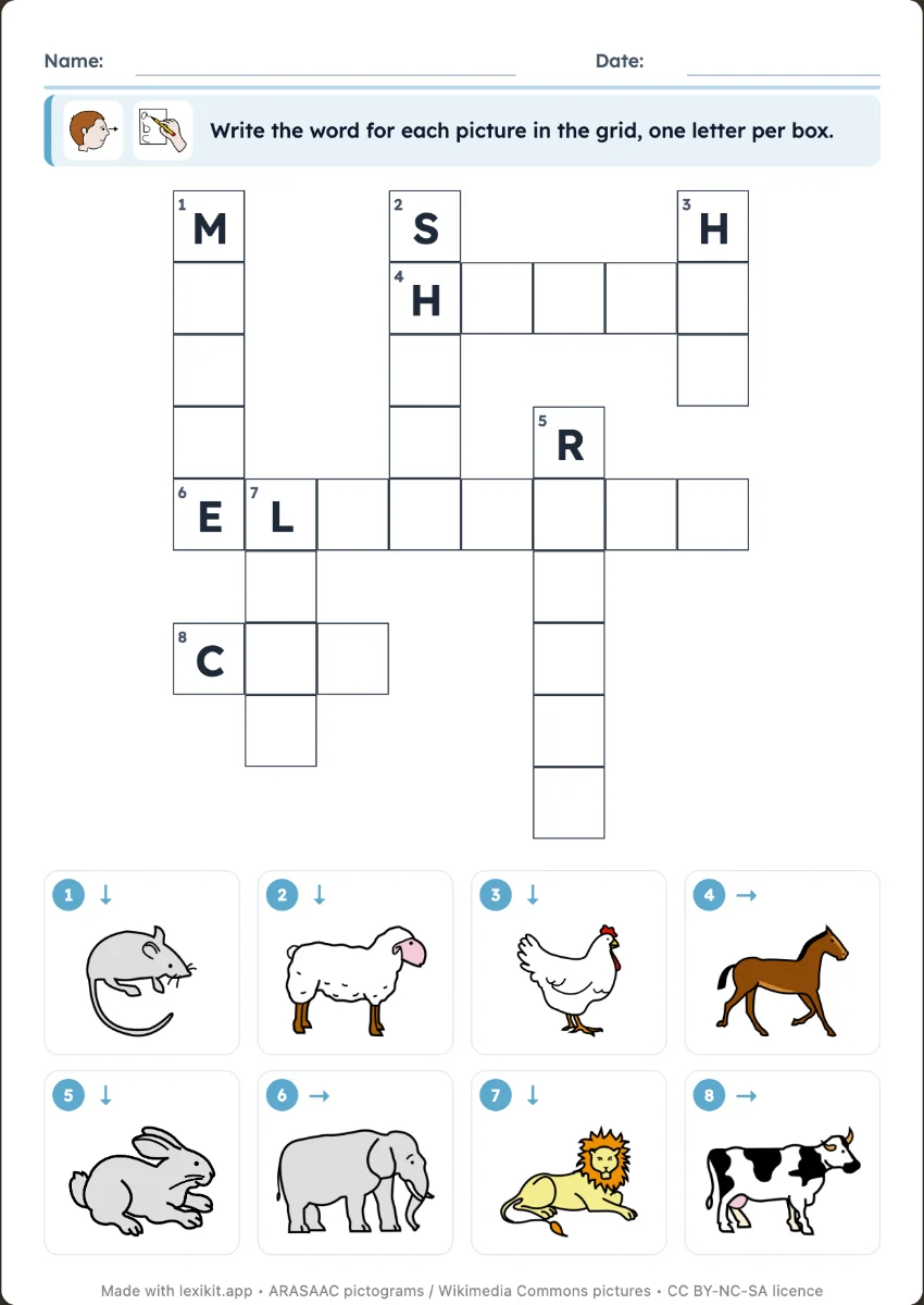 Crossword grid with numbered pictures