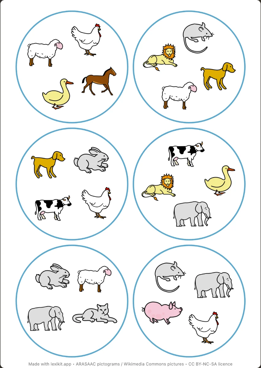 Round cards of a Dobble-style game with animal pictures