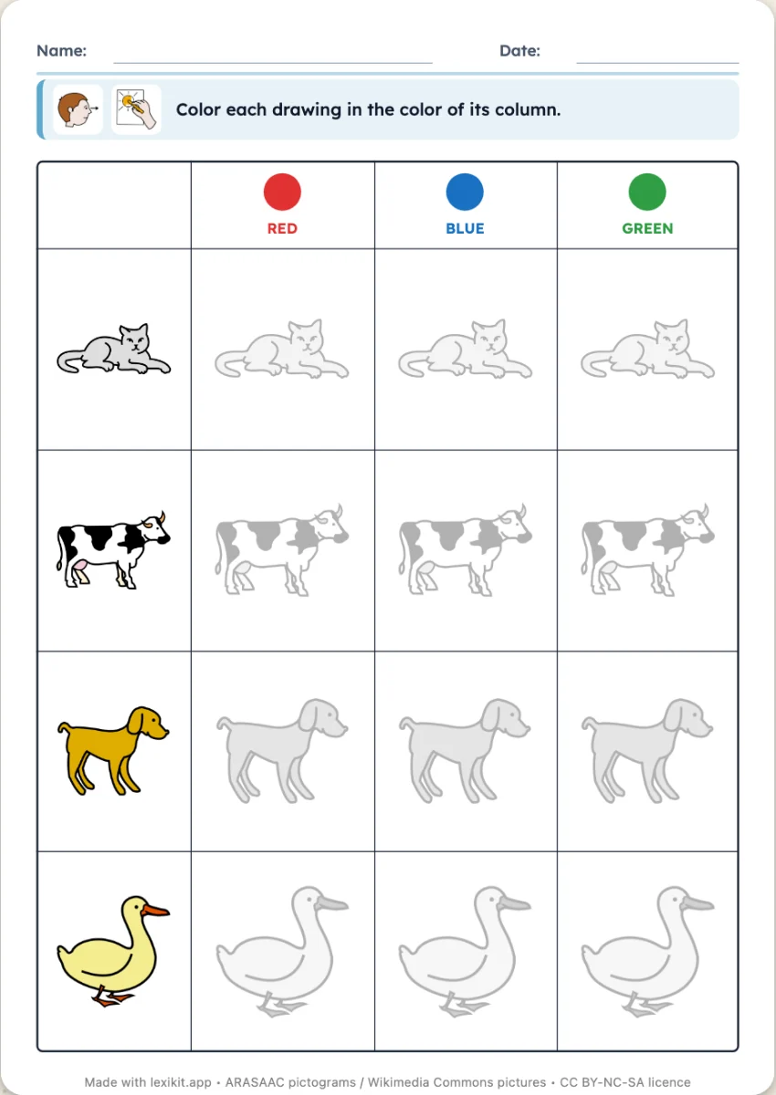 Double-entry table with pictures in rows and colours in columns