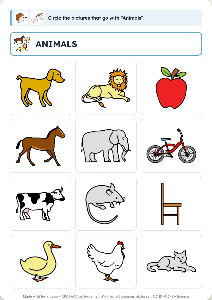Worksheet where every picture of a category is to be circled in a grid