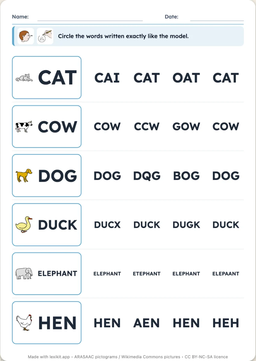 Worksheet where the model word is to be found among similar words