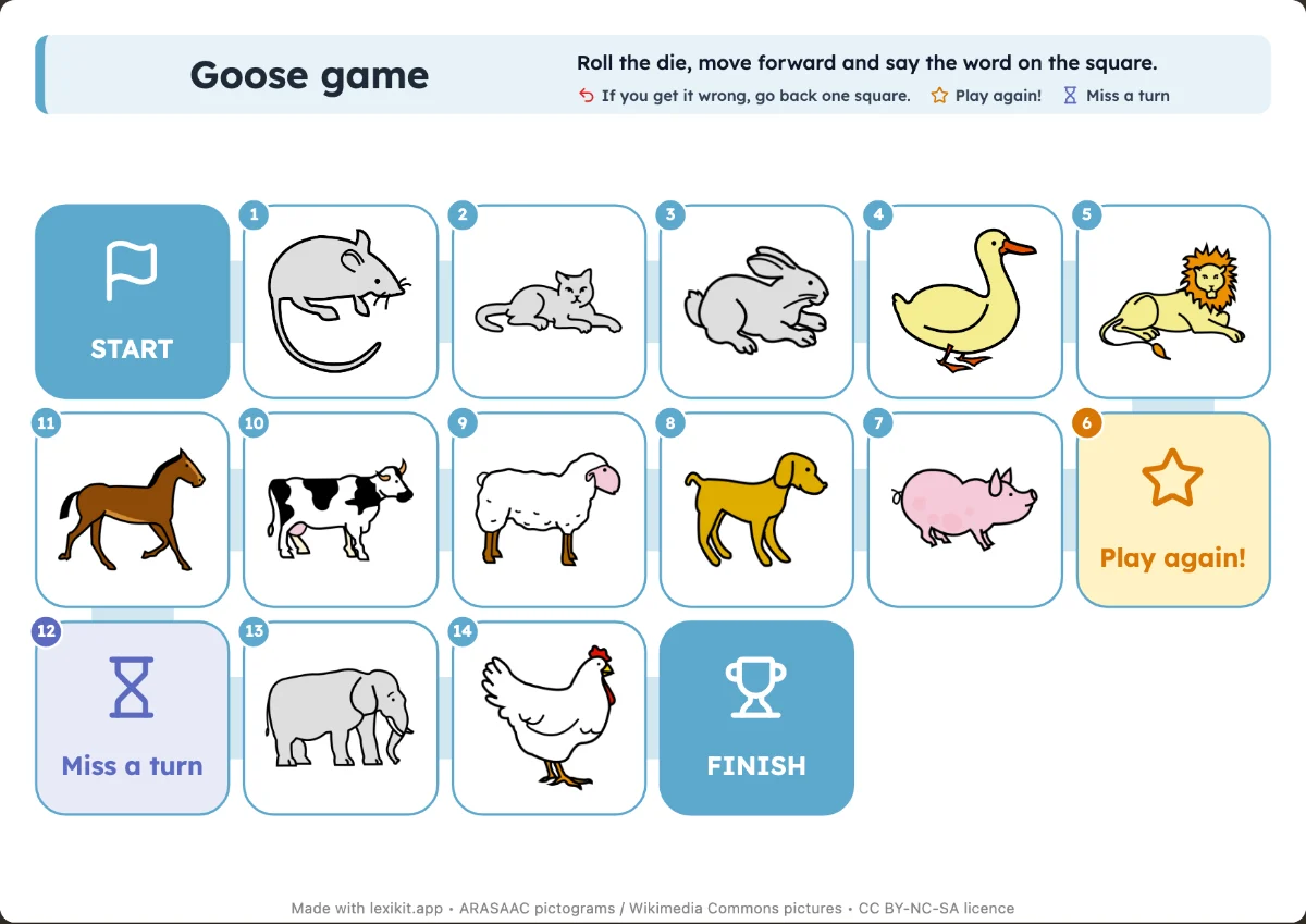 Goose game board with illustrated squares, from start to finish