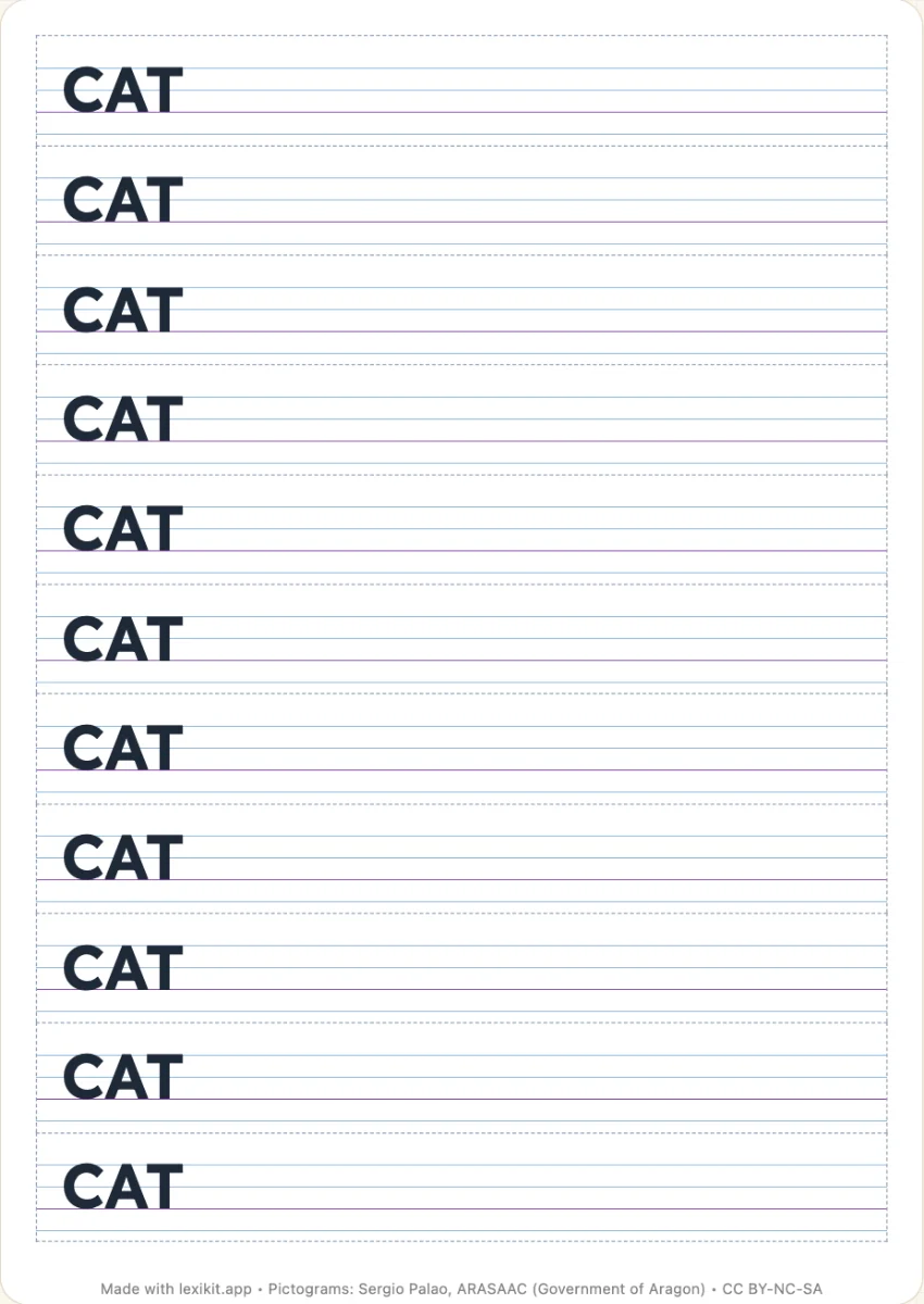 A page of handwriting models: the same word on a ruling, in strips to cut out