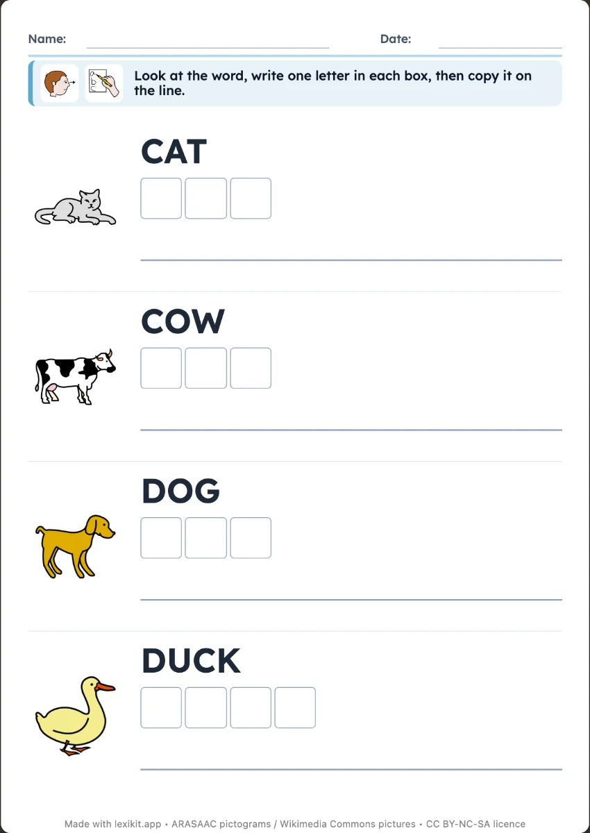 Handwriting worksheet with pictures, model words and lines to write on
