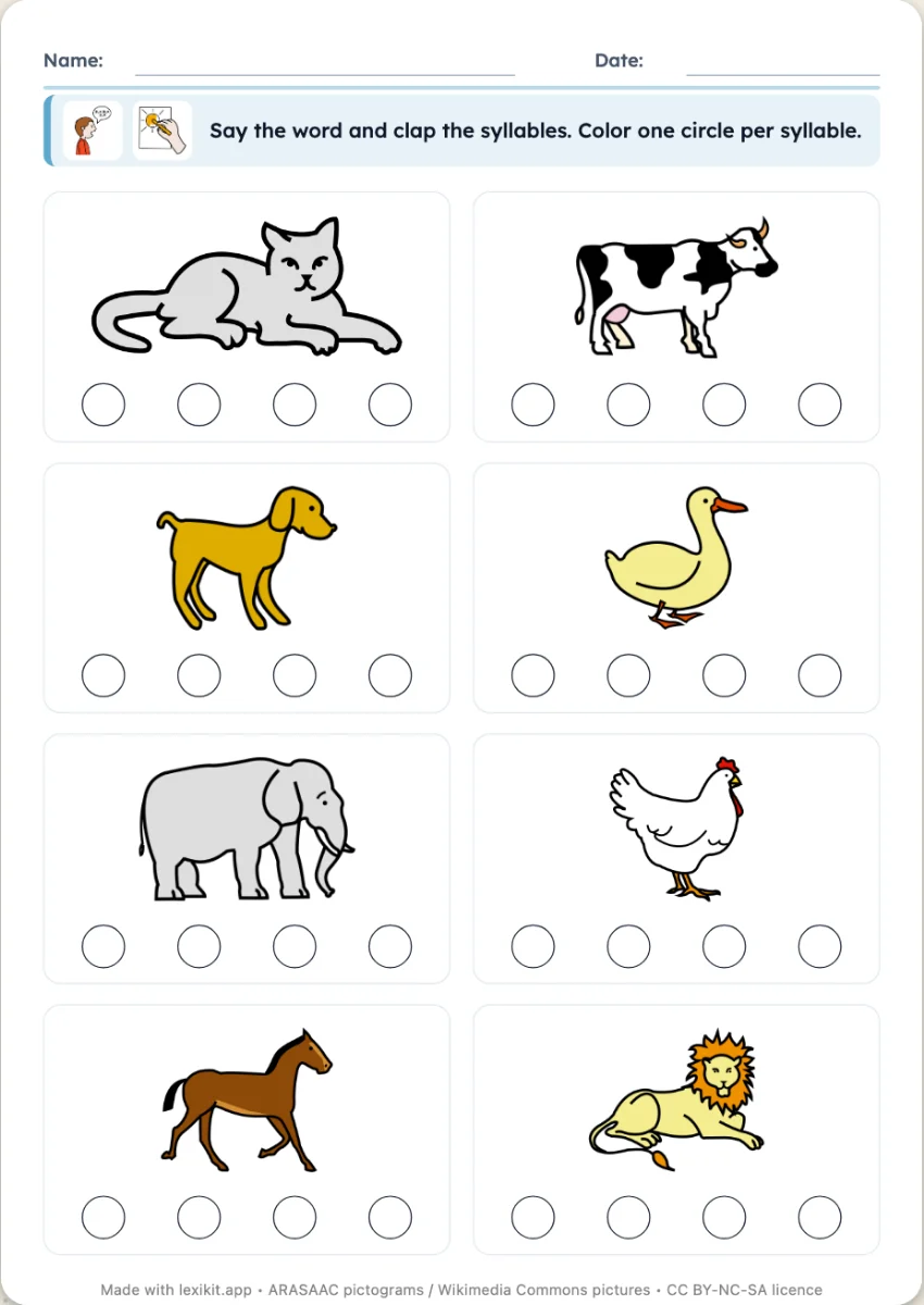 Worksheet where one circle per syllable is coloured under each picture