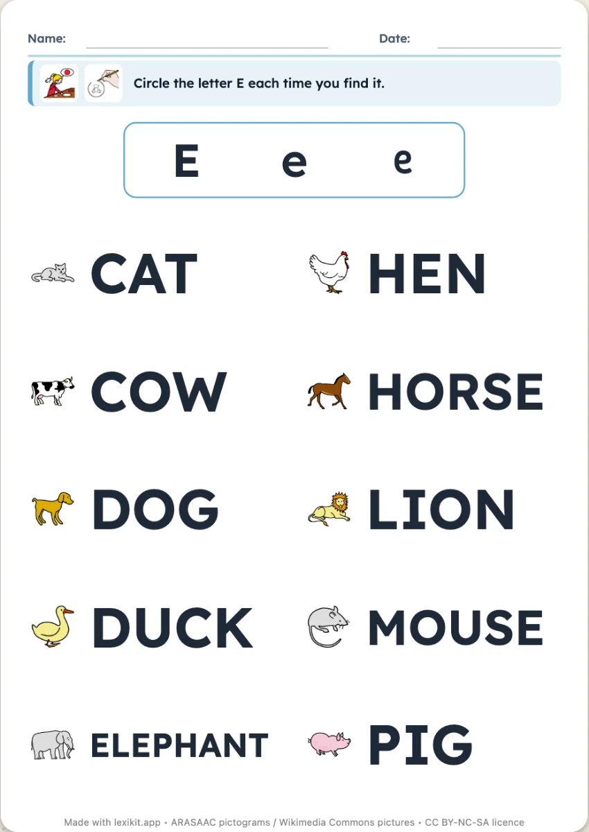 Letter hunt worksheet with illustrated words