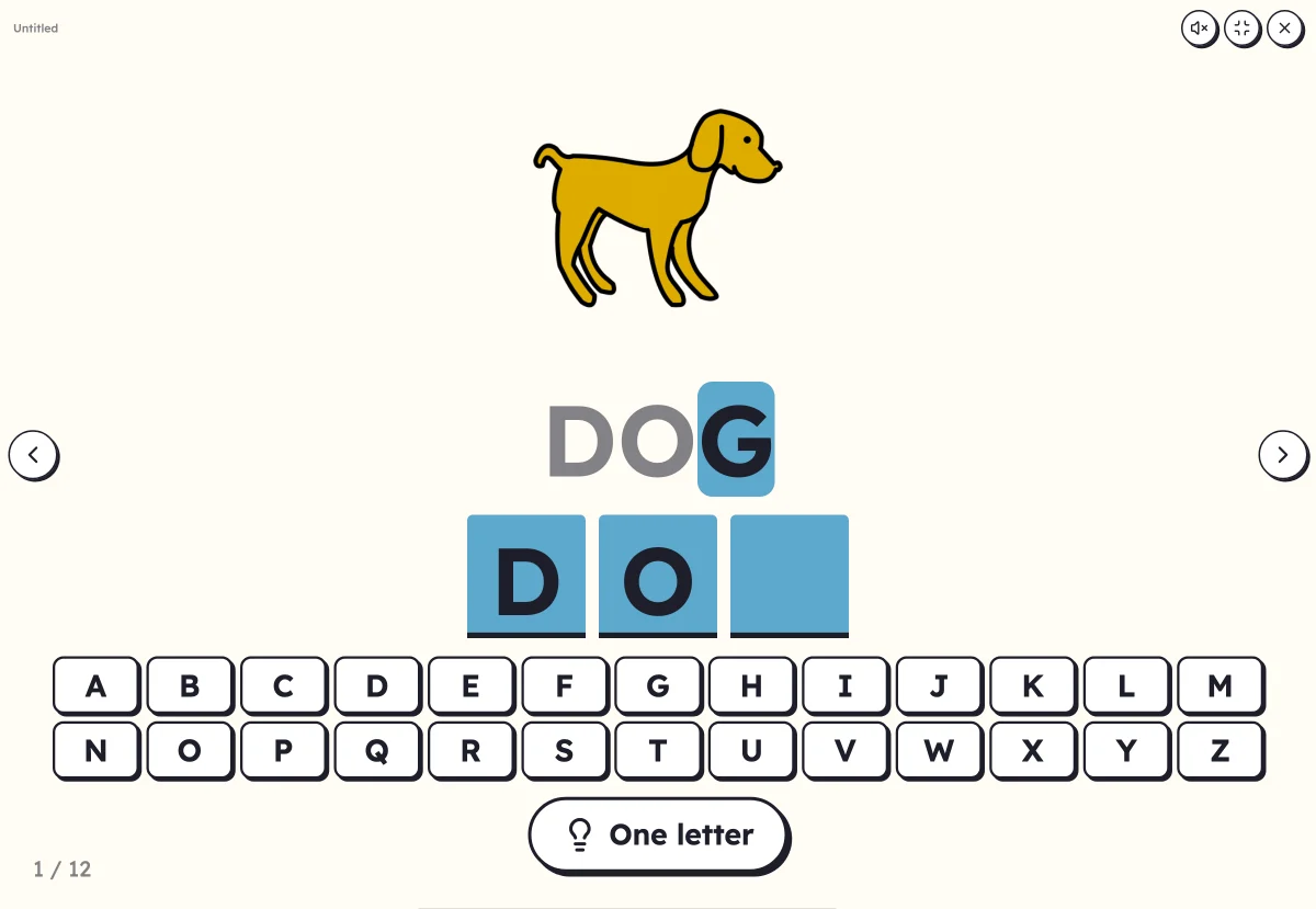Letter keyboard on screen: a word to write with the letters of the alphabet